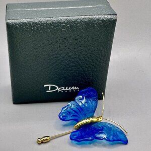 Signed Daum France Blue Art Glass Butterfly Brooch Golden Stick Pin Papillon